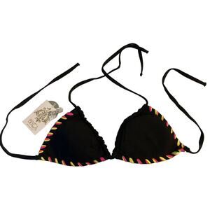 Becca Swim Reversible Triangle Sliding String Halter Bra Sz D Black Multi NWT